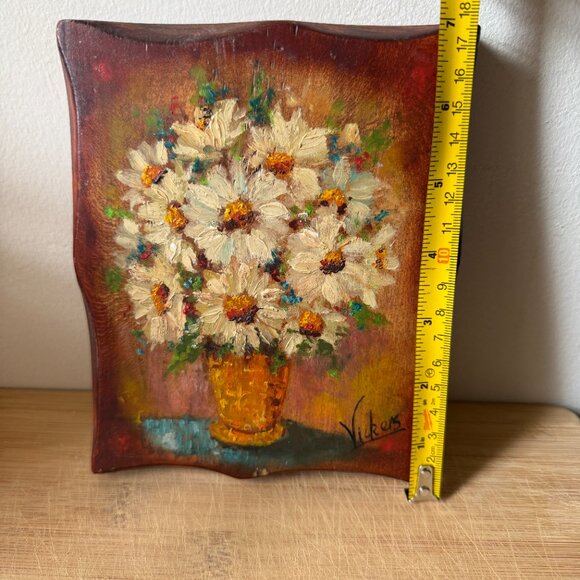 Vintage Mary Vickers Oil Painting on Wood Plaque White Daisy Floral Still Life - Picture 8 of 8